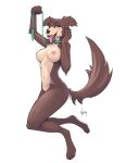  beastars blush breasts brown_body brown_fur female fur hi_res juno_(beastars) leash looking_at_viewer narley nipples nude one_eye_closed side_view simple_background solo tongue tongue_out white_background 