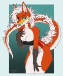  2022 absurd_res anthro blue_eyes breasts clothed clothing digital_media_(artwork) dragon eyebrows eyelashes female fur furred_dragon hair hi_res kyotoleopard looking_at_viewer simple_background smile solo white_body white_fur white_hair 
