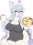  absurd_res apron apron_only belly big_belly big_breasts blue_eyes blue_hair breasts canid canine chest_tuft chubby_female clothing coffee_mug conditional_dnp crunchobar cute_fangs female fluffy food fox hair hi_res huge_breasts kemono lily_mari long_hair mammal mature_female mostly_nude multicolored_ears multicolored_hair open_mouth open_smile pancake smile solo thick_thighs tuft wide_hips 