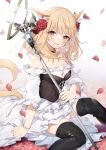  1girl animal_ears bangs bare_shoulders black_legwear blonde_hair blush bracelet breasts cat_ears cat_tail cleavage dress facial_mark final_fantasy final_fantasy_xiv flower hair_flower hair_ornament highres jewelry large_breasts medium_hair miqo&#039;te parted_lips petals red_eyes sitting slit_pupils smile solo tail thighhighs white_dress yana_mori 