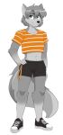  2022 427deer absurd_res anthro black_nose bottomwear canid canine canis clothed clothing countershading crop_top footwear full-length_portrait fully_clothed fur green_eyes grey_body grey_fur grey_hair hair hand_on_hip hi_res light_body light_countershading looking_at_viewer male mammal midriff multicolored_body multicolored_fur navel portrait shirt shoes shorts smile solo standing topwear two_tone_body two_tone_fur wolf 