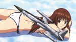  1girl aircraft airplane ass back bangs bikini breasts brown_eyes brown_hair closed_mouth cloud cloudy_sky day doi_shizuha eyebrows_visible_through_hair f-94_starfire highres long_hair looking_at_viewer lying medium_breasts official_art on_stomach scan sky smile solo stratos_4 swimsuit thighs white_bikini yamauchi_noriyasu 