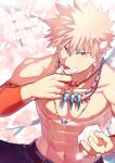  1boy abs absurdres artist_name bakugou_katsuki bangs bead_necklace beads belt birthday blonde_hair blue_pants boku_no_hero_academia brown_belt cake caustics cherry_blossoms collarbone dated duplicate ear_piercing english_text falling_petals finger_to_mouth flower food food_on_face hair_flower hair_ornament happy_birthday highres holding holding_food icing in_tree jewelry licking licking_finger looking_at_viewer male_focus multiple_necklaces muscular muscular_male navel necklace nipples pants pectorals petals piercing pixel-perfect_duplicate red_eyes short_hair signature single_sleeve sitting sitting_in_tree solo sparkle spiked_hair text_focus tongue tongue_out topless_male tree tribal v-shaped_eyebrows yazakc 