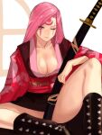  1girl baiken breasts facial_tattoo guilty_gear highres japanese_clothes kataginu katana kimono large_breasts looking_at_viewer obi one-eyed one_eye_closed open_clothes open_kimono pink_eyes pink_hair samurai sash scar scar_across_eye scar_on_face sheath sitting solo sword tattoo tetsu_(kimuchi) thighs torn_clothes torn_sleeves weapon 