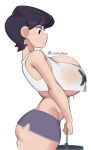  1girl ass bangs black_hair breasts bucket curvy exercise focused gym highres holding holding_bucket huge_breasts komi-san_wa_komyushou_desu komi_shuuko large_breasts long_hair lycoris_(lyc0riss) mature_female md5_mismatch short_hair short_shorts shorts solo sports_bra sportswear sweat thick_thighs thighs tight_top wide-eyed 