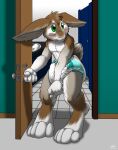  anthro bathroom blush catmonkshiro diaper embarrassed hi_res holding_crotch lagomorph leporid male mammal rabbit solo 