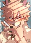  2boys absurdres animal_ears artist_name bakugou_katsuki bangs biting_hand blonde_hair blurry blurry_background blush boku_no_hero_academia face fingernails green_nails hand_grab highres indoors light_particles long_fingernails looking_at_viewer male_focus midoriya_izuku multiple_boys nail_polish out_of_frame pov pov_hands red_eyes scar_on_hand seductive_smile short_hair signature smile solo_focus spiked_hair topless_male twitter_username v-shaped_eyebrows window window_shade yaoi yazakc 
