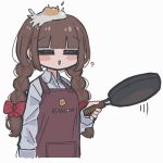  1girl =_= ? bangs blunt_bangs bow braid brown_hair closed_eyes egg_(food) eyebrows_visible_through_hair facing_viewer frying_pan hair_bow holding holding_frying_pan long_hair long_sleeves original overalls parted_lips red_bow resupuburika solo twin_braids 