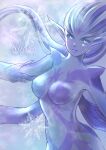  1girl aqua_eyes artist_name blue_skin breasts character_name closed_mouth colored_skin copyright_name eyelashes final_fantasy final_fantasy_xi floating_hair hair_slicked_back highres light_blue_hair lips long_hair looking_at_viewer medium_breasts no_nipples piyoco pointy_ears purple_lips shiva_(final_fantasy) snowflakes solo 