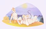  anthro beach bottomless clothed clothing domestic_cat felid feline felis happy male male/male mammal mouse murid murine punstar rodent sand seaside solo swimming_trunks swimwear tail_motion 