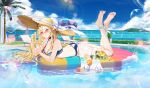  1girl afloat ankle_ribbon ao_la_xing bangs barefoot beach_umbrella between_fingers bikini blonde_hair blue_bikini blue_sky breasts bubble bush cake cake_slice caustics character_request cloud cup curtains day drink drinking_glass drinking_straw eyelashes feet_up flower food fruit full_body hair_over_breasts hand_in_hair hat hat_ribbon heart heart-shaped_eyewear hibiscus highres horizon inflatable_raft light_smile long_hair looking_at_viewer lying ocean on_stomach orange_(fruit) orange_slice outdoors palm_tree plate pool pool_ladder ribbon see-through sky solo straw_hat sun_hat sunglasses sunlight swimsuit the_pose towel tree umbrella very_long_hair wet_towel yellow_eyes zuo600 