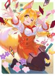  1girl :d animal_ear_fluff animal_ears arm_up bangs bell black_legwear blonde_hair bow bowtie bug butterfly collared_dress dress eyebrows_visible_through_hair fan_hair_ornament fang flower fox_ears fox_girl fox_tail full_body garter_straps hair_bell hair_between_eyes hair_ornament hanafuda hand_up hisana holding_dice kneeling long_hair low-tied_long_hair multicolored_clothes multicolored_dress no_shoes one_eye_closed orange_dress original pleated_dress red_bow red_bowtie short_dress short_sleeves smile solo tail tail_raised thighhighs white_dress yellow_eyes zettai_ryouiki 