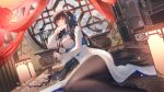  1girl absurdres bangs black_hair black_legwear blue_ribbon blush branch breasts brown_eyes china_dress chinese_clothes closed_fan curtains dress dutch_angle elbow_rest feet_out_of_frame flower folding_fan from_side girls&#039;_frontline girls&#039;_frontline_neural_cloud hair_flower hair_ornament hair_ribbon half_updo hand_fan hanging_lantern head_rest highres holding holding_fan id_card indoors lantern large_breasts lattice layered_dress leaning_to_the_side long_hair long_sleeves looking_at_viewer mattress no_shoes official_alternate_costume paintbrush paintbrush_rack pantyhose paper_lantern reclining ribbon round_window see-through see-through_sleeves shelf side_slit smile solo table tassel type_95_(girls&#039;_frontline) type_95_(narcissus)_(girls&#039;_frontline) very_long_hair wallpaper_(object) white_dress window winter wooden_table yellow_eyes ying_yi 