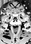  1girl blonde_hair bow breasts cleavage cleavage_cutout clothing_cutout corset dress elbow_gloves eyebrows_visible_through_hair frilled_dress frills gap_(touhou) gloves greyscale hair_bow hat hat_ribbon highres large_breasts long_hair looking_at_viewer mob_cap monochrome multiple_bows neck_ribbon puffy_short_sleeves puffy_sleeves purple_dress red_ribbon ribbon short_sleeves sitting smile solo tanasuke touhou yakumo_yukari 