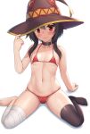  1girl adjusting_clothes adjusting_headwear bandaged_leg bandages bare_arms bikini black_collar black_hair black_legwear blush cameltoe closed_mouth collar collarbone flat_chest full_body groin hand_on_headwear hat highres hormone_koijirou kono_subarashii_sekai_ni_shukufuku_wo! looking_at_viewer medium_hair megumin micro_bikini navel petite red_bikini red_eyes short_hair_with_long_locks single_thighhigh sitting smile solo stomach string_bikini swimsuit thighhighs wariza witch_hat 