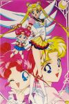  1990s_(style) 4girls :d ;d bishoujo_senshi_sailor_moon blonde_hair blue_eyes blue_sailor_collar blue_skirt boots bow chibi_chibi choker crescent crescent_facial_mark dot_nose double_bun drill_hair dual_persona elbow_gloves eternal_sailor_moon facial_mark forehead_mark full_body gloves hair_ornament heart heart_brooch heart_choker heart_hair_bun heart_hair_ornament highres knee_boots layered_skirt long_hair looking_at_viewer multiple_girls official_art one_eye_closed puffy_sleeves purple_background red_bow red_choker red_hair retro_artstyle sailor_chibi_chibi sailor_collar sailor_moon sailor_senshi sailor_senshi_uniform shitajiki short_hair skirt smile standing tamegai_katsumi tsukino_usagi twin_drills twintails white_footwear white_gloves white_wings wing_brooch wings 