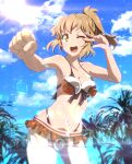  1girl bikini bikini_skirt blonde_hair blush breasts cleavage collarbone hair_ornament hairclip highres medium_breasts navel one_eye_closed open_mouth orange_eyes outdoors palm_tree ponytail senki_zesshou_symphogear shiny shiny_hair shiny_skin sky smile solo swimsuit tachibana_hibiki_(symphogear) tanashi_(mk2) thighhighs tree v white_legwear 