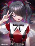  1girl ame-chan_(needy_girl_overdose) black_hair black_nails blouse drugs hair_ornament hairclip highres inui_kentarou nail_polish needy_girl_overdose purple_eyes ribbon scar skirt solo suspender_skirt suspenders tongue tongue_out twintails twitter_username upper_body v 