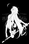  1girl alternate_animal_ears alternate_tail animal_ears arknights bare_shoulders chinese_commentary city closed_mouth commentary_request crescent_moon cropped_legs from_behind greyscale highres holding holding_sword holding_weapon kaleka lappland_(arknights) long_hair looking_at_viewer looking_back monochrome moon night oripathy_lesion_(arknights) rabbit_ears rabbit_girl rabbit_tail scar scar_across_eye shorts solo sword tail very_long_hair weapon 
