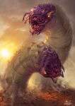  animal cloud colored_skin creature creature_and_personification dariojart destruction giant giantess highres horror_(theme) monster monsterification no_humans open_mouth original oversized_animal purple_skin spikes sunset teeth worms yellow_eyes 