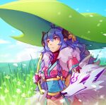  ahoge artist_name blue_hair braid closed_mouth cloud cowboy_shot curled_horns english_commentary eyebrows_visible_through_hair foliage gloves hair_between_eyes hair_ornament headpat horns kindred_(league_of_legends) lamb_(league_of_legends) leaf league_of_legends long_hair looking_afar pointy_ears red_eyes red_gloves shaded_face sidelocks sky smile spirit_blossom_kindred standing vmat wolf_(league_of_legends) 