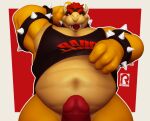  2022 3d_(artwork) anthro armband belly biceps big_belly big_muscles border bottomless bowser bracelet clothed clothing collar digital_media_(artwork) erection eyebrows front_view genitals hair horn humanoid_genitalia humanoid_penis jewelry koopa looking_at_viewer male mario_bros musclegut muscular muscular_anthro muscular_male narrowed_eyes navel nintendo overweight overweight_anthro overweight_male pecs penis presenting presenting_penis raised_clothing raised_shirt raised_tank_top raised_topwear red_background reyriders scalie shirt simple_background smile solo spiked_armband spiked_bracelet spiked_collar spikes tank_top teeth text text_on_clothing text_on_shirt text_on_tank_top text_on_topwear thick_thighs tongue tongue_out topwear video_games watermark white_border 