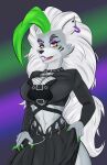  absurd_res anthro big_breasts breasts canid canine canis claws clothed clothing colored_nails crunkerton ear_piercing eyebrows eyelashes female fingernails five_nights_at_freddy&#039;s five_nights_at_freddy&#039;s:_security_breach green_claws green_hair green_nails grey_eyebrows hair hi_res long_hair looking_at_viewer mammal multicolored_hair nails open_mouth piercing roxanne_wolf_(fnaf) scottgames sharp_teeth simple_background solo teeth video_games white_hair wolf yellow_eyes 