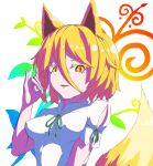  1girl abstract_background animal_ears blonde_hair breasts fangs finger_touching fox_ears fox_girl fox_shadow_puppet fox_tail green_ribbon highres kudamaki_tsukasa mandarin_collar medium_breasts open_mouth pepelonthi ribbon romper short_hair short_sleeves tail touhou upper_body white_background white_romper yellow_eyes 