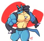  2022 abstract_background anthro biceps big_muscles frown fur lucario male muscular muscular_anthro muscular_male navel nintendo obliques pecs pok&eacute;mon pok&eacute;mon_(species) red_background signature simple_background solo spikes spikes_(anatomy) standing tuft turquoize_art video_games white_background 