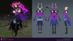  1girl armor artist_name bare_shoulders black_footwear character_name closed_mouth concept_art dress elbow_gloves english_text faceless gloves glowing glowing_eyes gradient gradient_background green_skirt grey_background helmet high_heels highres league_of_legends looking_at_viewer magic multiple_views pink_dress skirt star_(symbol) syndra thighhighs vladbacescu web_address 