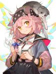  1girl animal_ears animal_on_head arknights bangs black_bow black_choker black_hairband black_skirt blue_bow bow cat cat_ears cat_girl cat_on_head choker clay_(clayjun) closed_mouth commentary_request eyebrows_visible_through_hair goldenglow_(arknights) hair_bow hairband head_tilt highres holding holding_scissors id_card jacket lanyard lightning_bolt_print looking_at_viewer on_head open_clothes open_jacket scissors scottish_fold shirt short_hair skirt solo sweat upper_body white_shirt wristband yellow_eyes 