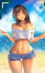  1girl a.x. bangs bare_legs beach blue_sky blurry blurry_background breasts brown_hair cleavage cloud collarbone crop_top day denim denim_shorts eyebrows_visible_through_hair grey_eyes head_tilt highres horizon long_hair looking_at_viewer navel ocean off-shoulder_shirt off_shoulder original outdoors parted_lips rainbow shirt short_shorts shorts sky small_breasts smile solo standing stomach thigh_gap thighs viewfinder wet white_shirt wide_hips 
