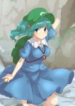  1girl absurdres arm_up backpack bag bangs blue_hair blue_shirt blue_skirt breasts collared_shirt eyebrows_visible_through_hair frilled_shirt_collar frills grass green_headwear hair_bobbles hair_ornament happy hat highres jewelry kappa kawashiro_nitori key large_breasts looking_at_viewer mirukuro092 necklace outdoors puffy_short_sleeves puffy_sleeves river screwdriver shirt short_hair short_sleeves short_twintails sidelocks skirt skirt_set smile solo touhou twintails two_side_up walking 