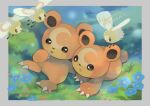  :o blue_flower brown_eyes claws commentary_request cutiefly flower grass grey_background highres kikuyoshi_(tracco) no_humans open_mouth pokemon pokemon_(creature) teddiursa tongue tongue_out 