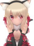  1girl animal_ear_fluff animal_ears bangs bare_shoulders bell black_gloves blonde_hair blush breasts cat_ears cat_tail commentary dot_mouth elbow_gloves eyebrows_visible_through_hair eyes_visible_through_hair fake_animal_ears fate/kaleid_liner_prisma_illya fate_(series) fur_collar gloves hair_bell hair_between_eyes hair_ornament hair_ribbon highres illyasviel_von_einzbern jingle_bell long_hair looking_at_viewer navel red_eyes red_ribbon ribbon simple_background siraha small_breasts solo tail white_background 