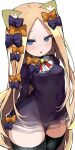  1girl abigail_williams_(fate) animal_ears bangs black_bow black_dress black_legwear blonde_hair blue_eyes blush bow breasts cat_ears dress fate/grand_order fate_(series) forehead hair_bow highres long_hair long_sleeves looking_at_viewer multiple_bows open_mouth orange_bow parted_bangs polka_dot polka_dot_bow shimejinameko small_breasts solo thighhighs 