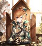  2girls absurdres armor armored_dress arms_on_table artist_name ascot bangs black_shirt blonde_hair blue_eyes bow braid capelet closed_eyes crossed_bangs flower french_braid gauntlets genshin_impact hair_between_eyes hair_bow hair_flower hair_ornament highres hourglass ichi10art jean_(genshin_impact) jean_(gunnhildr&#039;s_legacy)_(genshin_impact) long_hair looking_to_the_side maid maid_headdress multiple_girls noelle_(genshin_impact) office official_alternate_costume own_hands_together ponytail quill red_flower red_rose rose scroll shirt short_hair silver_hair sitting smile sunlight white_headwear window 