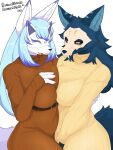  absurd_res abyssal_wolf animal_mask anthro black_sclera blue_body blue_hair breast_squish breasts canid canine cute_fangs duo elvia female female/female fox fox_mask hair hand_on_breast hi_res lily_mari mammal mask multicolored_ears multicolored_hair open_mouth open_smile skull_mask smile squish sweater_dress takeshi_kemo yellow_eyes 