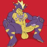  amped_toxtricity anthro balls big_penis castrodour erection genitals hi_res humanoid_genitalia humanoid_penis male muscular muscular_anthro muscular_male nintendo nipples nude pecs penis pok&eacute;mon pok&eacute;mon_(species) purple_body red_background simple_background sitting solo toxtricity video_games 