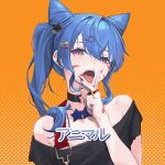  1girl animal_(vocaloid) bangs bare_shoulders black_choker black_shirt blue_eyes blue_hair blue_nails cat_hair_ornament choker commentary_request facepaint fingernails hair_between_eyes hair_cones hair_ornament highres hololive hoshimachi_suisei jewelry long_hair looking_at_viewer multicolored_nails nail_polish off_shoulder open_mouth red_nails ring sharp_fingernails shirt short_sleeves side_ponytail solo tongue tongue_out translated v virtual_youtuber whitem_(whiteemperor2020) 