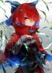  1girl absurdres bangs black_shirt blue_bow bow cloak cowboy_shot gradient gradient_background grey_background hair_between_eyes hair_bow highres leaf light_particles long_sleeves looking_at_viewer red_eyes red_hair red_skirt safutsuguon sekibanki shirt short_hair skirt solo standing touhou 