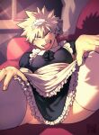  1boy 1other absurdres alternate_costume apron artist_name ass_visible_through_thighs bakugou_katsuki bangs black_dress blonde_hair boku_no_hero_academia couch covering covering_crotch crossdressing curtains dress drop_shadow enmaided frilled_apron frilled_dress frills hands_on_own_thighs highres implied_yaoi indoors juliet_sleeves light_beam long_sleeves looking_at_viewer maid maid_apron maid_headdress male_focus naughty_face neck_ribbon night on_couch out_of_frame pectorals puffy_short_sleeves puffy_sleeves red_eyes ribbon short_hair short_sleeves signature solo_focus spiked_hair spread_legs teasing thighhighs tongue tongue_out twitter_username v-shaped_eyebrows waist_apron watermark white_legwear window yazakc 