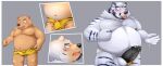  2022 absurd_res anthro balls belly blush brown_body bulge clothing comic erection felid genitals grey_body hi_res humanoid_hands kemono male mammal moobs overweight overweight_male pantherine penis solo tiger tongue tongue_out transformation udontarai underwear ursid white_body 