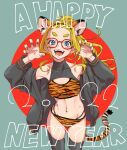  1girl 2022 animal_ears animal_print bikini black_jacket black_legwear blonde_hair blue_eyes breasts claw_pose commentary_request cowboy_shot dekomegane earrings english_text fake_animal_ears fake_tail glasses hair_pulled_back halterneck happy_new_year highres jacket jewelry long_hair long_sleeves looking_at_viewer medium_breasts multi-strapped_bikini nail_polish navel new_year no_pants open_clothes open_jacket open_mouth orange_bikini orange_nails original ponytail print_bikini red-framed_eyewear sasetsu smile solo standing swimsuit tail thighhighs tiger_ears tiger_print tiger_tail 