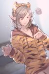  1boy animal_ears blurry blush bottomless braid chinese_zodiac claw_pose collarbone depth_of_field drawstring dungeon_meshi elf extra_ears fake_animal_ears french_braid grey_eyes grey_hair hair_between_eyes hairband highres hood hood_down jack_(haist) long_sleeves looking_at_viewer male_focus mithrun out-of-frame_censoring pointy_ears sleeves_past_wrists smile solo tiger_ears tiger_stripes upper_body wavy_hair year_of_the_tiger 