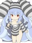  1girl :o absurdres animal_ears animal_hat blue_hair blush_stickers breasts bunny_hat cleavage collarbone commentary_request dress fake_animal_ears feet_out_of_frame grey_background hat highres hololive long_hair long_sleeves looking_at_viewer off_shoulder parted_lips prison_clothes rabbit_ears rururu_(pyrk8855) small_breasts solo standing striped striped_dress striped_headwear twintails two-tone_background usada_pekora very_long_hair virtual_youtuber white_background wide_sleeves 