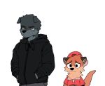  anthro backwards_hat brown_body brown_fur canid canine canis chester_the_otter clothed clothing duo frown fully_clothed fur goon_(goonie_san) goonie-san hat headgear headwear hi_res looking_at_viewer lutrine male mammal mustelid size_difference smile wolf worried 