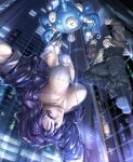  1boy 1girl absurdres batou breasts building falling ghost_in_the_shell highres jacket kusanagi_motoko large_breasts medium_hair pants purple_eyes qtime4_702 red_eyes shoes skyscraper smile tachikoma thick_thighs thighhighs thighs toned upside-down 