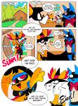  anthro bandanna bodily_fluids braixen clothing comic confusion delphox dialogue english_text eye_patch eyewear female fennekin hat headgear headwear hi_res humor kerchief lucario male nintendo pok&eacute;mon pok&eacute;mon_(species) ponporio_(artist) riolu sweat sweatdrop text the_end video_games wizard_hat 