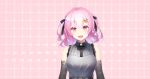  1girl akkochan blush bow breasts cyanomirahi gloves hair_bow hair_ornament hairclip highres looking_at_viewer pale_skin pink_eyes pink_hair re-ply short_twintails sleeveless smile solo twintails virtual_youtuber 